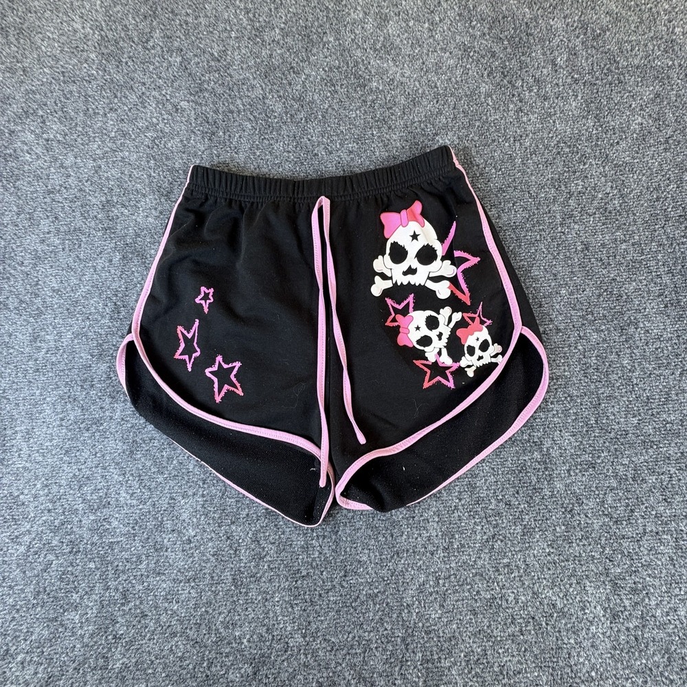 Romwe Track Shorts Women's 24W Black Kawaii Skull Print Dolphin Hem Drawstring